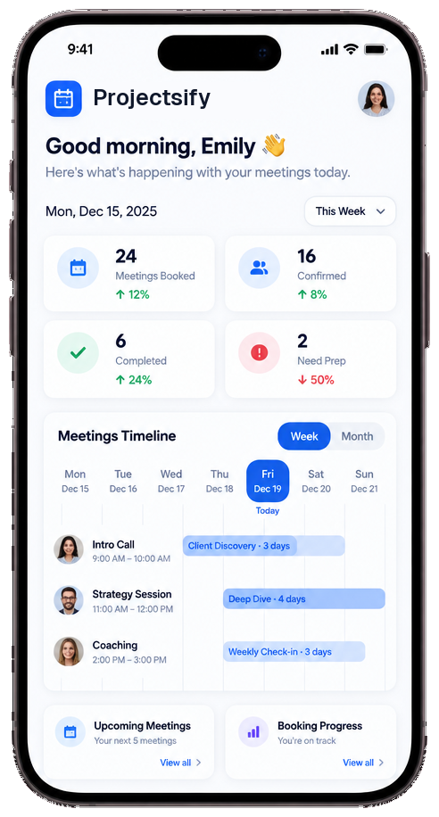 Projectsify app on a phone showing the meetings overview